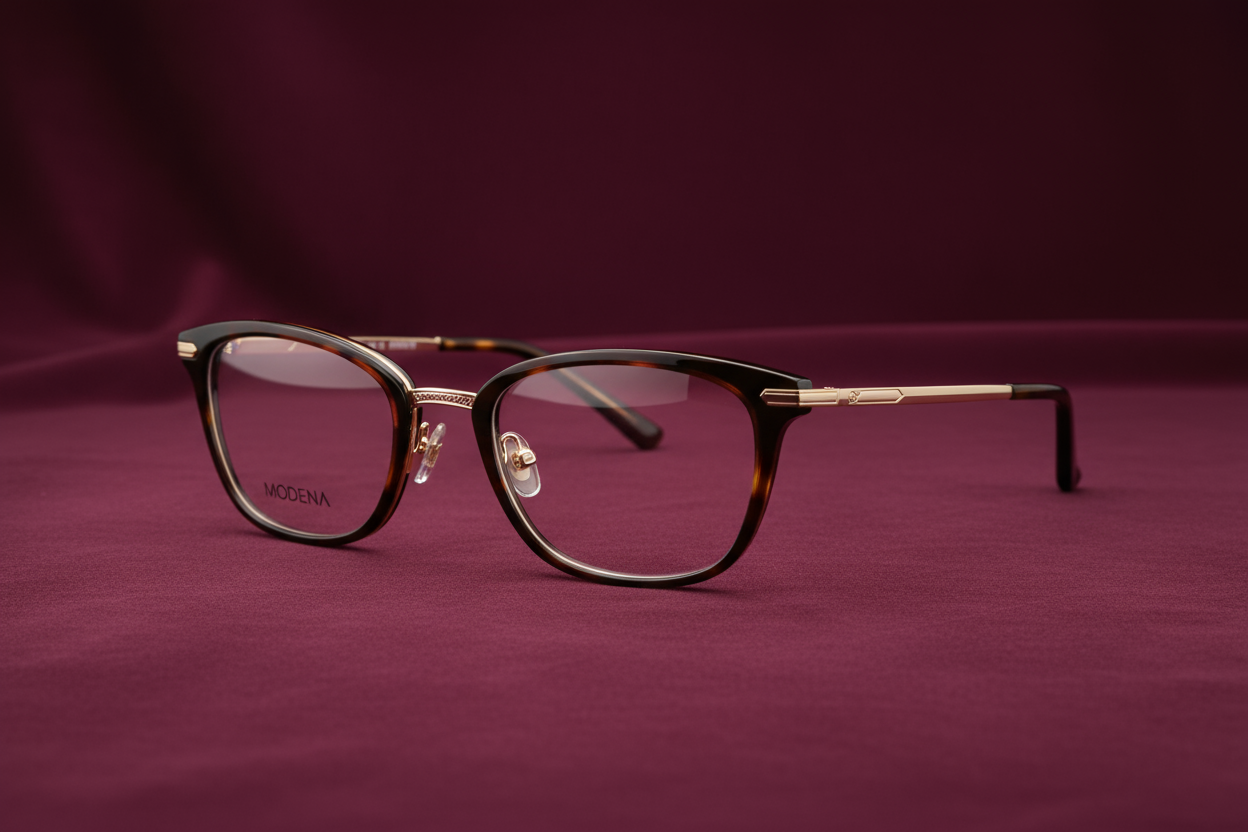 pair of eyeglass frames on burgandy background